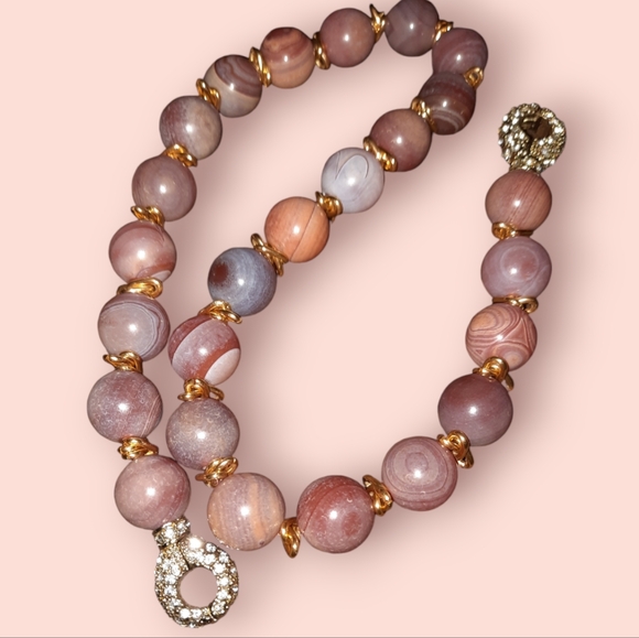 Vintage Jewelry - Banded agate gemstone bead necklace pave crystal clasp bonus 1 gemstone earring